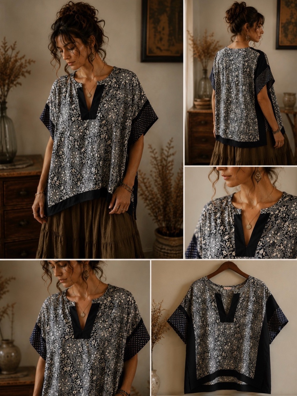 Rebecca Taylor Black & White Floral Split V-Neck Tunic